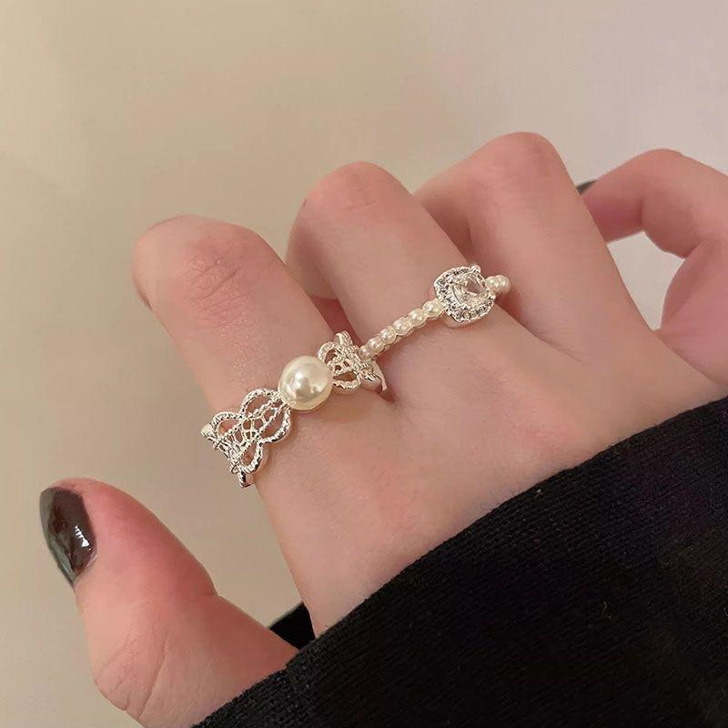Korean-style lace pearl zircon ring for women, niche design, open-ended index finger ring, light luxury with a high-end feel, suitable for stacking