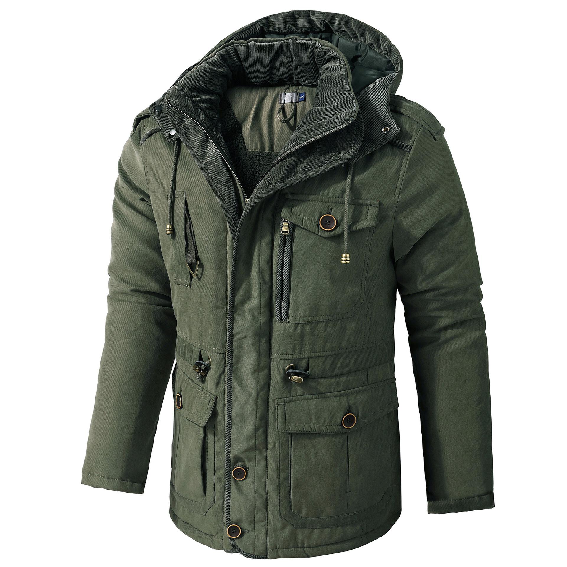 American Size Men's Plus Size Lambskin Hooded Cotton Jacket Thickened Multi-Pocket Cotton Top Casual Mid-length Jacket