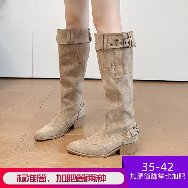 Versatile Retro Long Boots for Women, 2025 New Model, Khaki Pointed-Toe Boots, Chunky Heel, Slimming Martin Slouch Boots