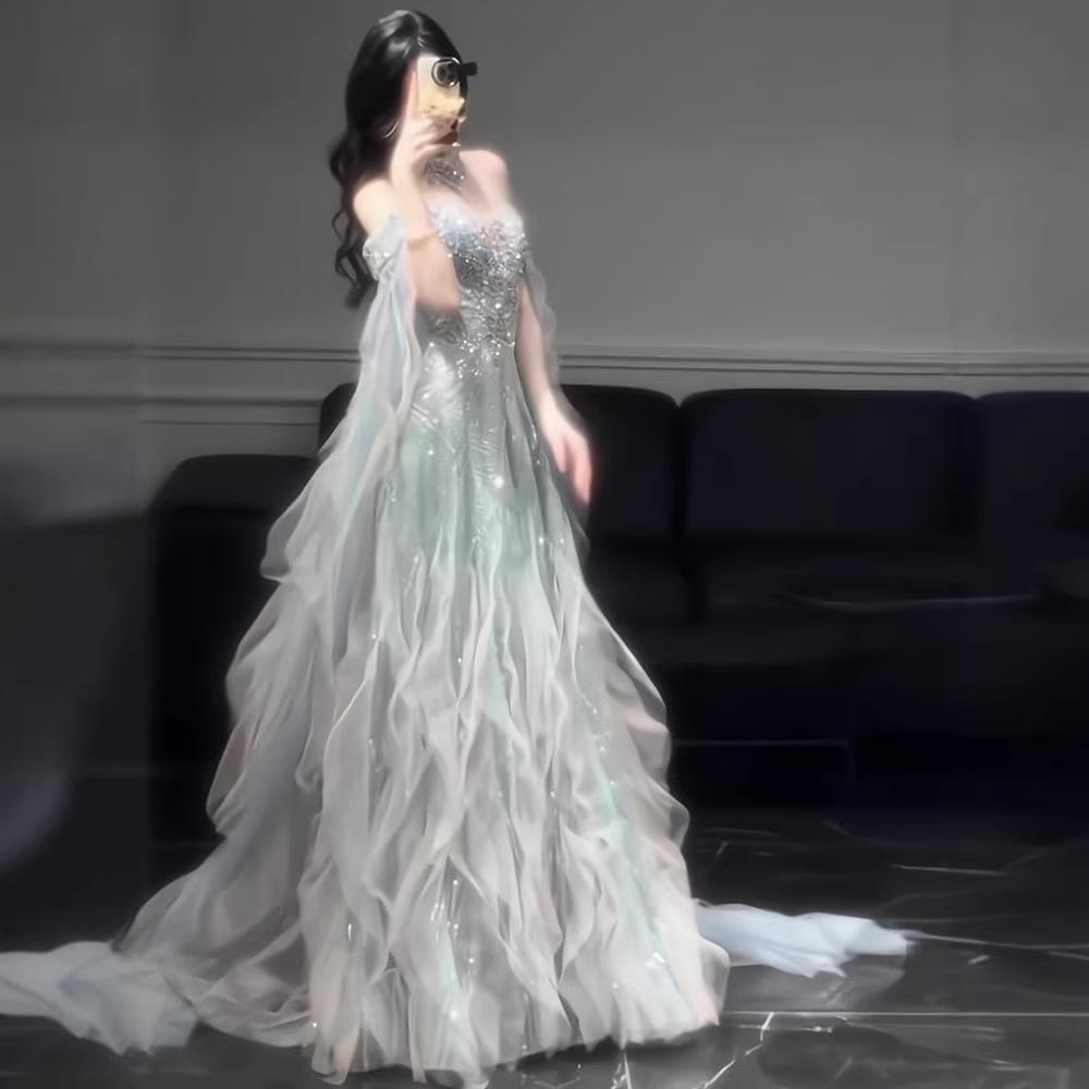2026 New Style Off-Shoulder Ball Gown Evening Dress with a Light Luxury and Elegant Vibe, Niche Design for Hosts, Students, and Artistic Exams, Super Fairy-Like Dress