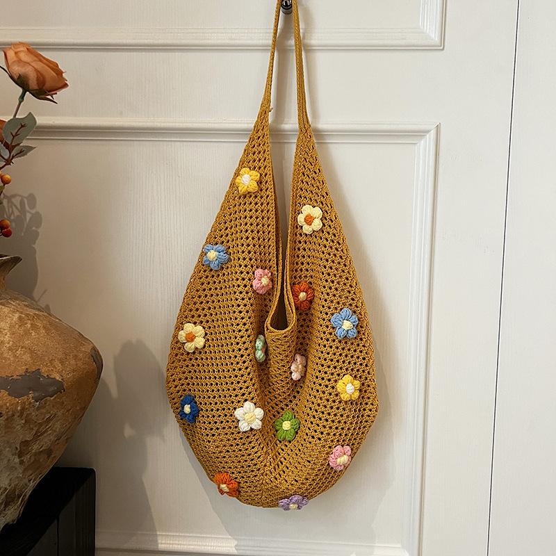 Cross-Border Lazy Style Floral Knitted Bag for Women 2025 New Model Shoulder Bag Large Capacity Tote Bag Commuting Large Bag