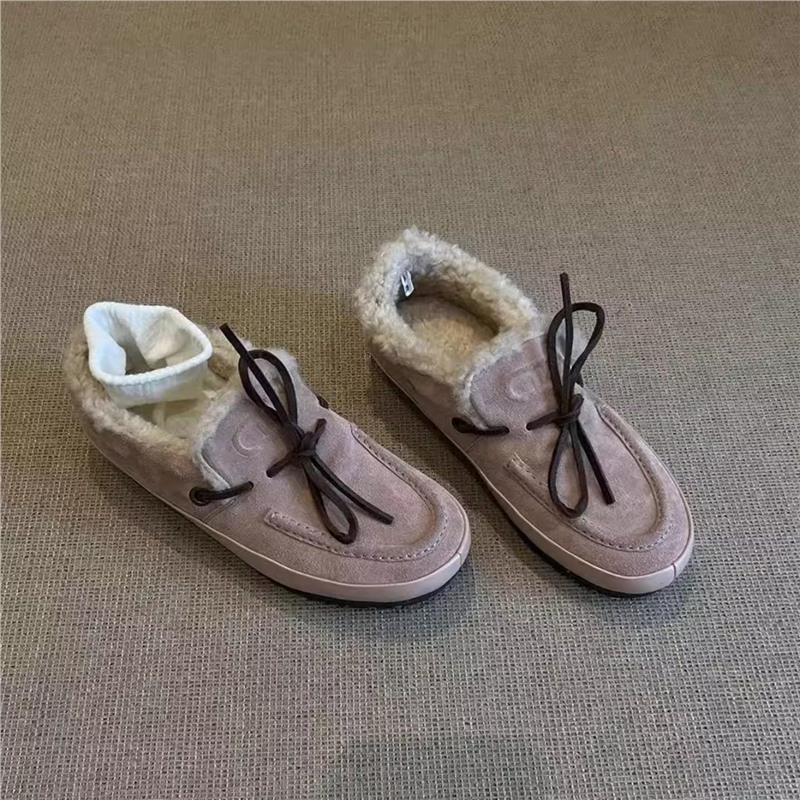 In Stock, Ships Instantly! Retro Lace-Up Suede Leather Vintage Plush Warm Bowknot Furry Shoes Winter Loafers