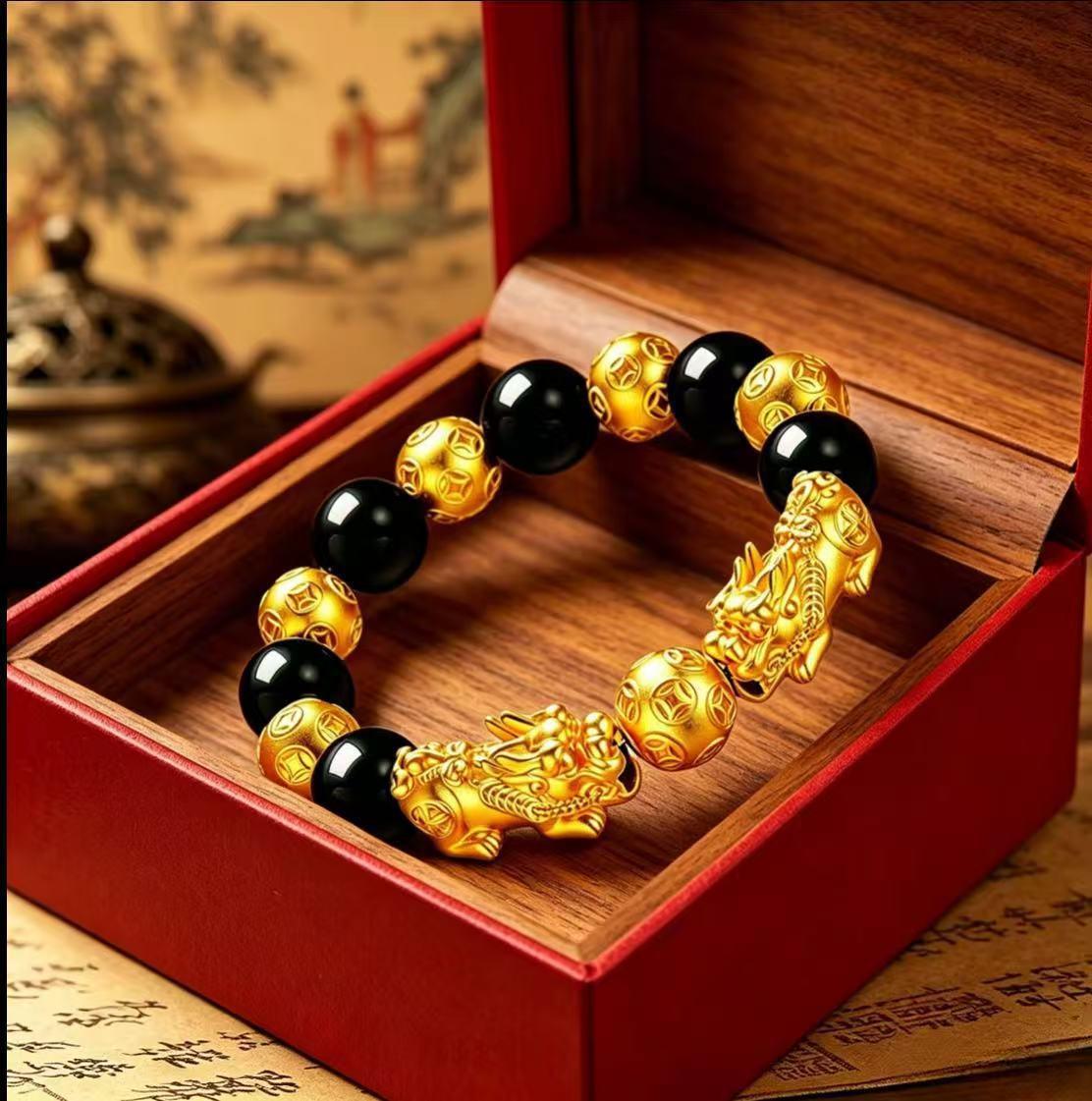 Alloy gold-plated Pixiu exquisite couple's bracelet, unisex imitation gold bracelet, Buddhist bead jewelry, gift wholesale