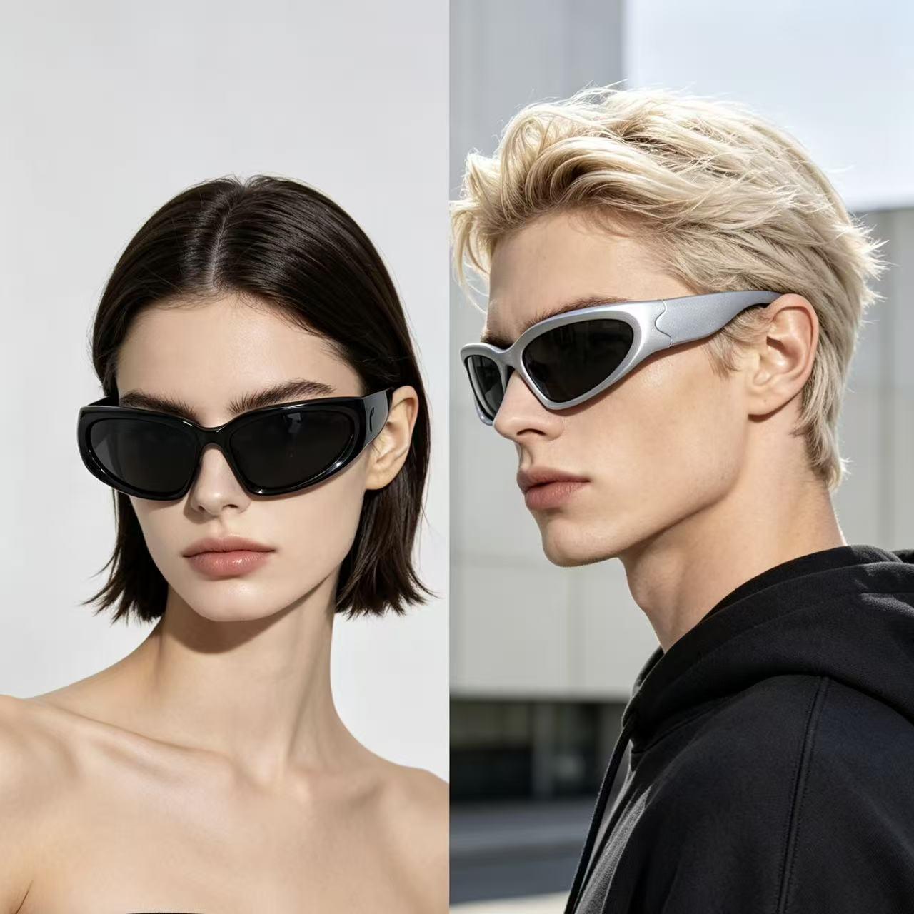 Y2K Cat-Eye Sunglasses for Men and Women, High-End Glasses with a Sense of Technology, Anti-Uv Cycling Sunglasses, Silver Eye Protection
