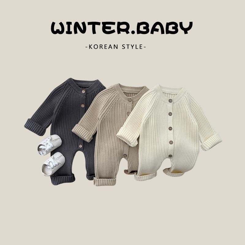 Korean Style Baby Jumpsuit Autumn and Winter Clothing for Boys and Girls, Solid Color Knitted Crawling Suit, Newborn Autumn Sweater Romper