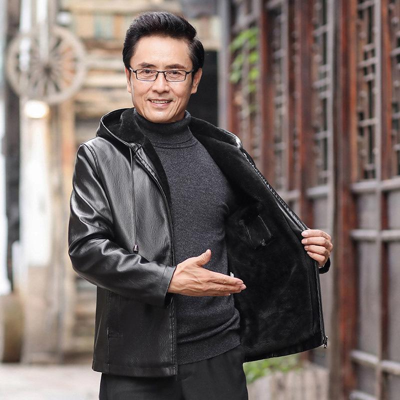 Winter Men's Fur-Lined Hooded Leather Jacket, Business Casual Jacket for Middle-Aged and Elderly Men, Fleece-Lined Coat, Business Gentleman Style