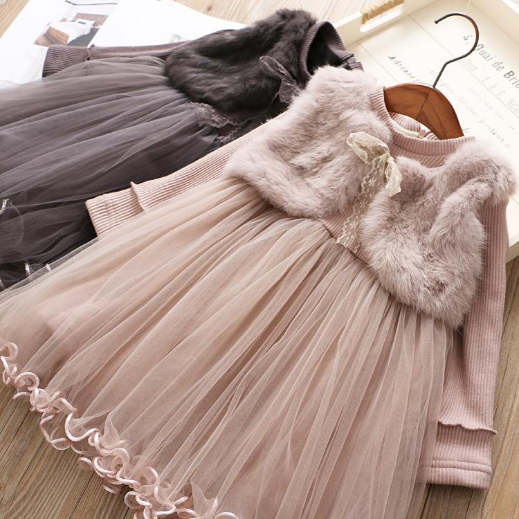 Girls' Fashionable Fake Two-Piece Imitation Mink Princess Mesh Skirt Vest Winter Girl Baby Princess Velvet Dress
