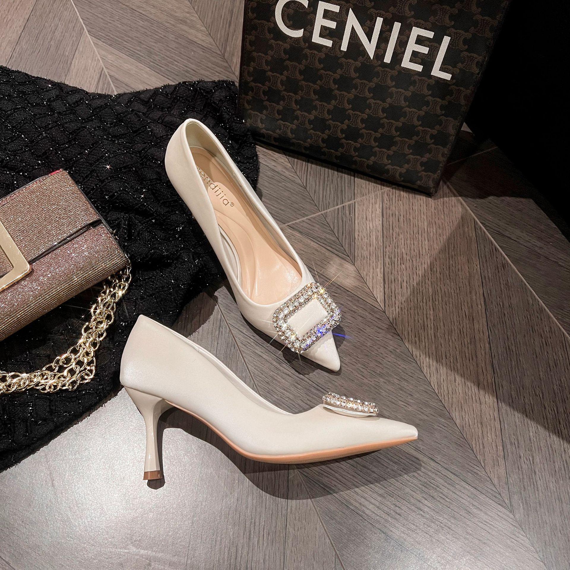 A555-28 High-heeled Shoes Women's 2024 New Commuter Style Small Square Diamond Buckle Shoes All-match Elegant Pointed Shoes
