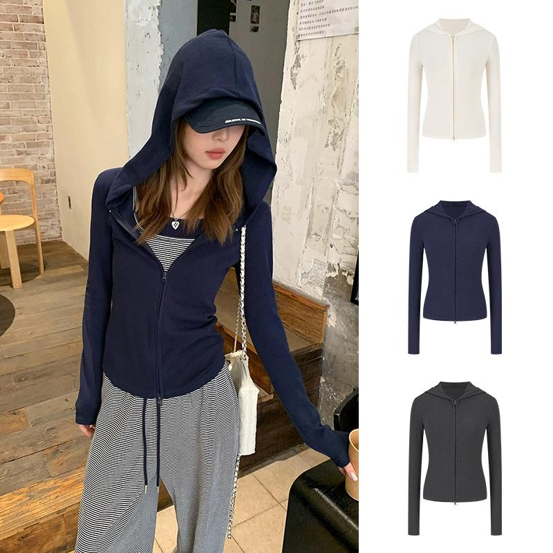 Aimido Korean-style autumn versatile comfortable warm slim-fit double-zipper hooded sweatshirt knitted cardigan jacket for women