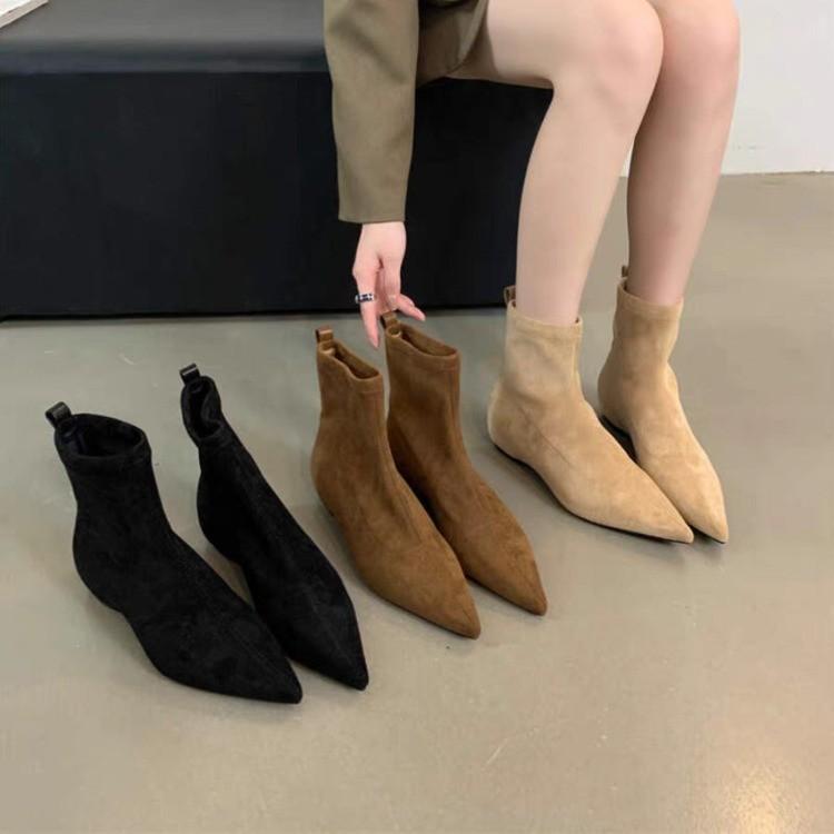 Trendy Brand 2025 Autumn and Winter New Style Simple Matte Suede Flat Sock Boots Flat Heel Slim Boots Elegant Pointed Toe Short Boots for Women