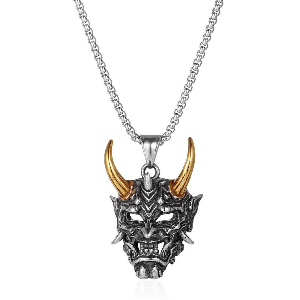2025 Wish Cross-Border New Golden Horn Prajna Pendant European and American Men's Ghost Mask Necklace Halloween Gift