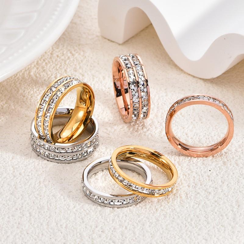 Single and double row starry sky rings, titanium steel, non-fading, diamond-encrusted couple's rings, square diamond rings, wholesale men's and women's rings