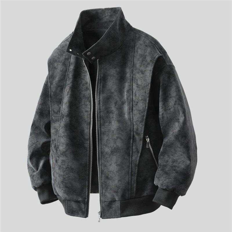 Tangtuan jacket for men and women, spring style, American retro baseball collar, casual loose fit, washed leather jacket, Hong Kong style