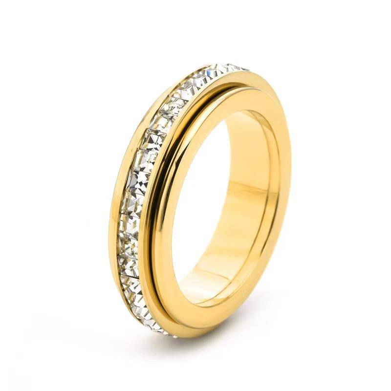 Popular Live-Stream Item: Simple Single-Row Diamond Rotating Ring, 18K Plated, Zircon-Studded Titanium Steel Starry Sky Ring for Women
