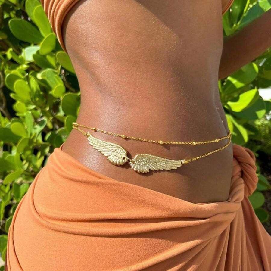 European and American Cross-Border New Angel Wings Sexy Waist Chain for Women Metal Bead Chain Double-Layer Beach Body Chain Waist Decoration