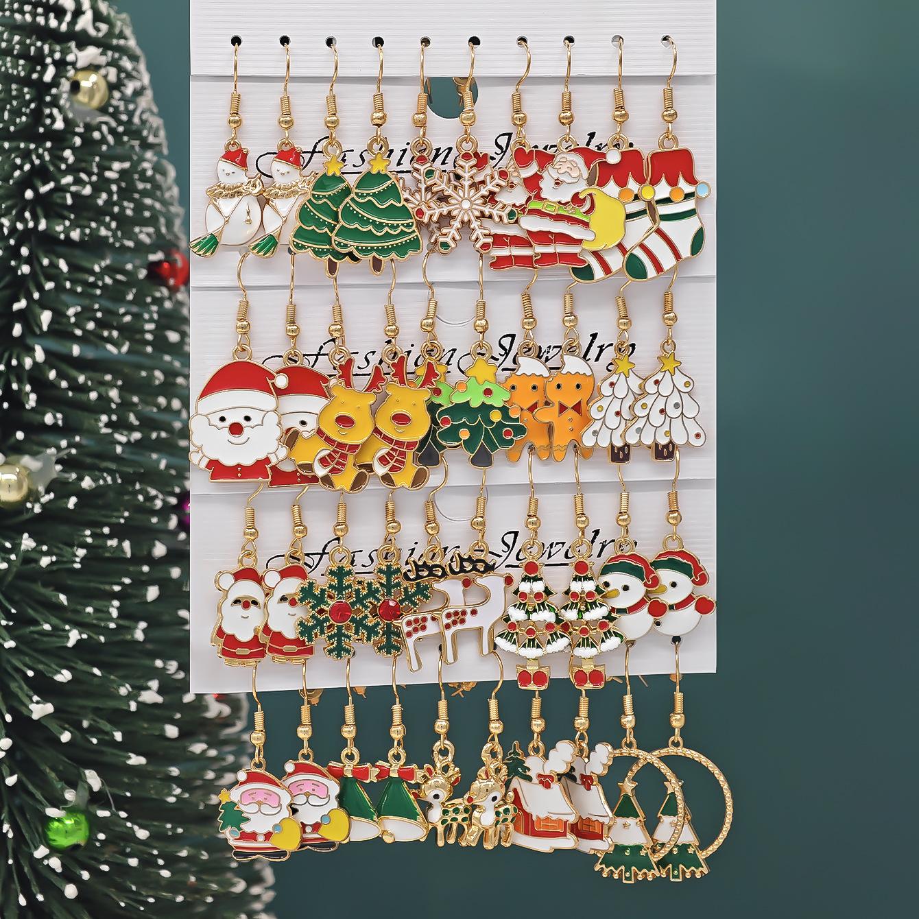10Pcs Cross-Border Hot Selling Cartoon Oil Dripping Christmas Earrings Personalized Creative Elk Gingerbread Man Earrings Wholesale