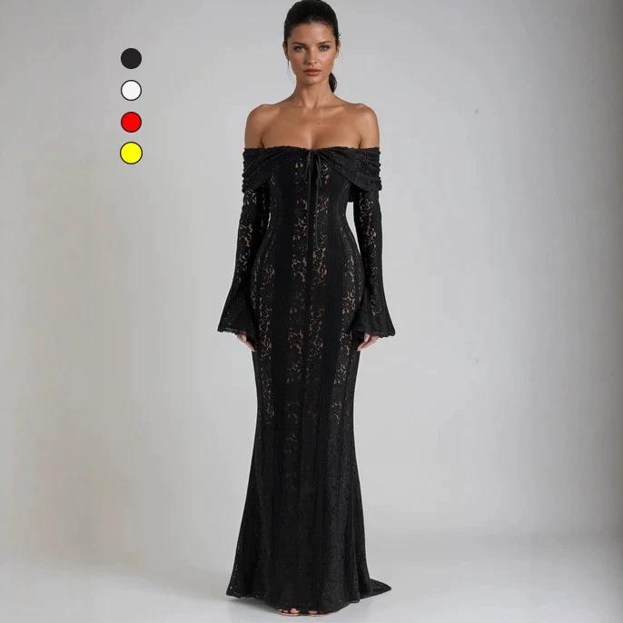 European and American Cross-Border Lace Cut Out One-Shoulder Trumpet Sleeve Hip-Hugging Dress Elegant and Sexy Tube Top Waist Evening Dress