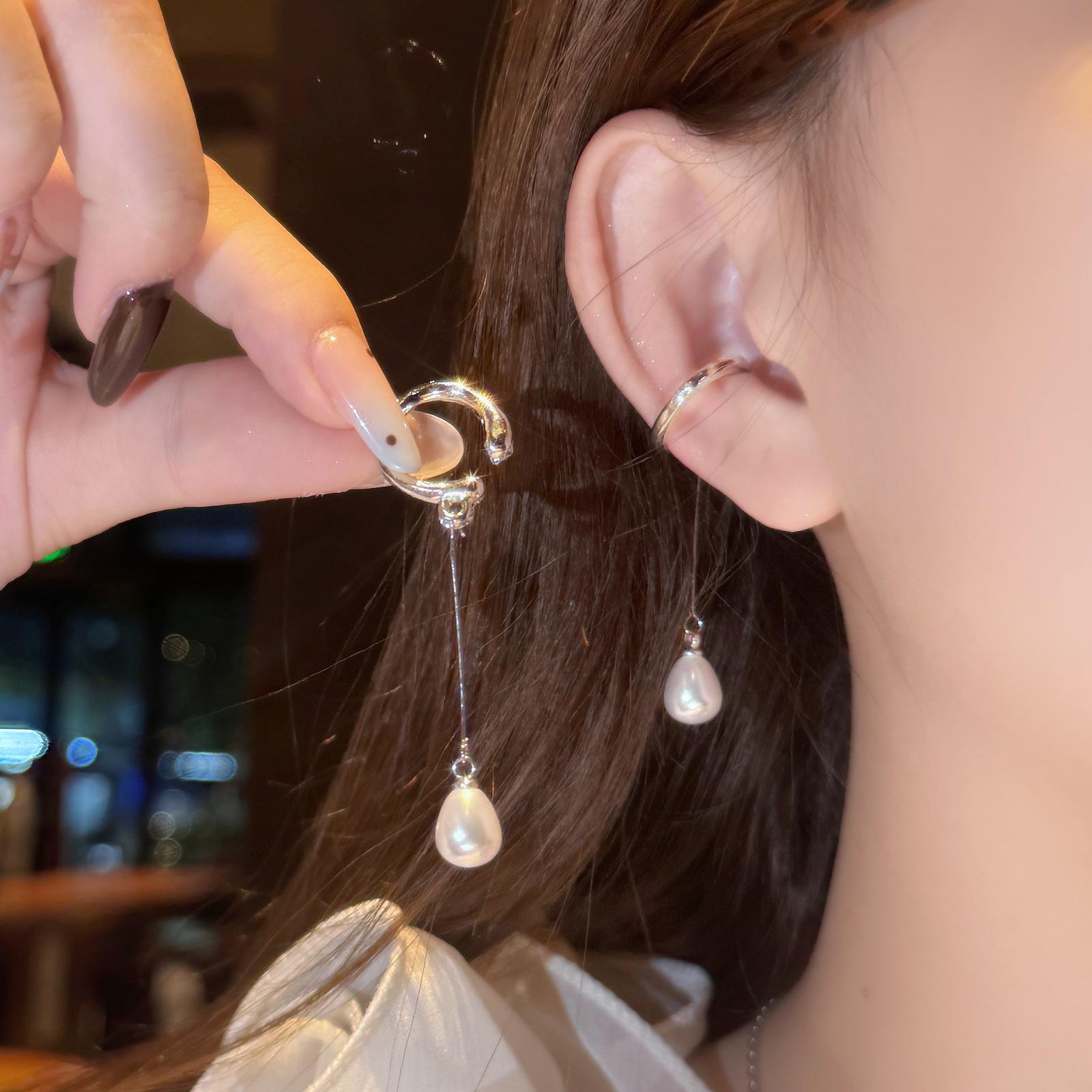 Copper Alloy Earrings, Water Drop Imitation Pearl Ear Clips, No Pierced Women's Pendant Earrings, Ear Bone Clips