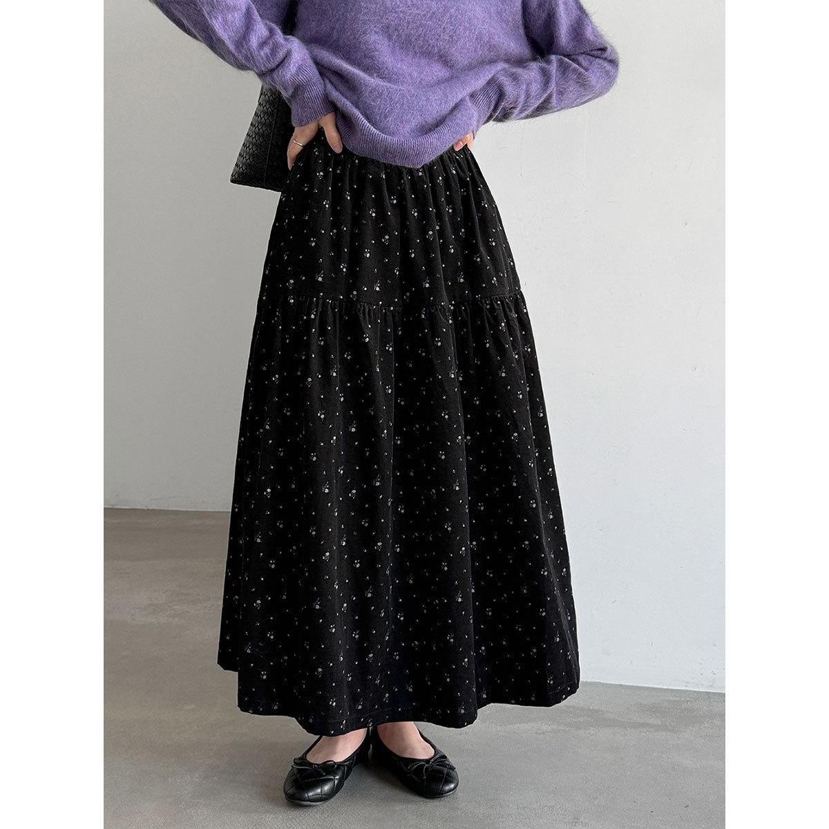 LUXI Corduroy High-Waisted Floral Print Skirt for Women, Autumn 2026 New Pleated Slimming A-Line Long Skirt 10061