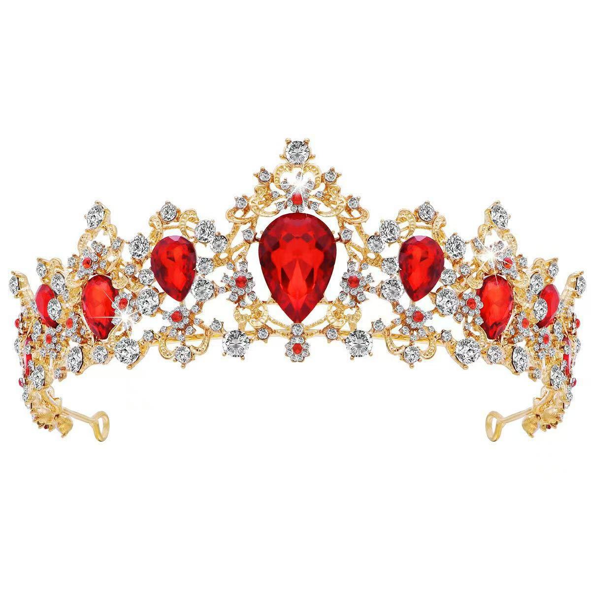 European and American Bridal Crown Headband Baroque Retro Red Rhinestone Jewelry Crown Hair Accessories Hot Selling Crown Tiara