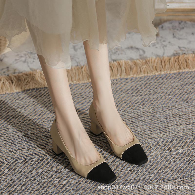 U8399 Glossy Cowhide 5cm Thick Heel Flats for Women 2024 New Color Matching First Layer Cowhide Insole Women's Shoes