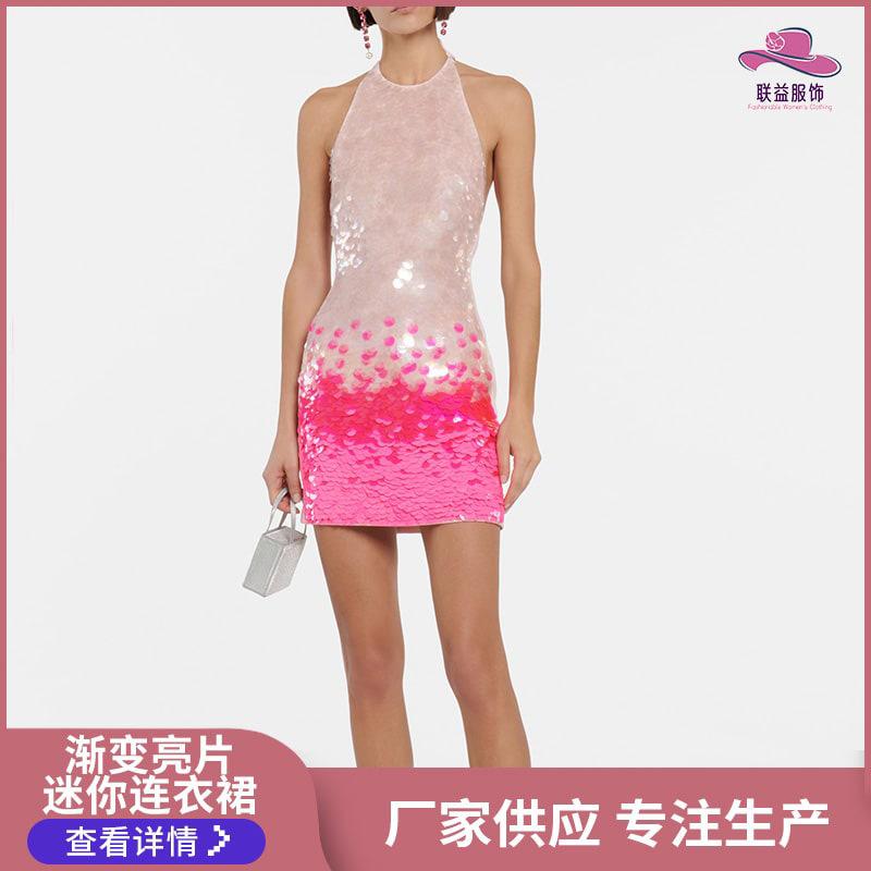 European Gradient Sequin Mini Dress Casual Round Neck Slim Sleeveless Sexy Women's Dress Sexy Hot Girl