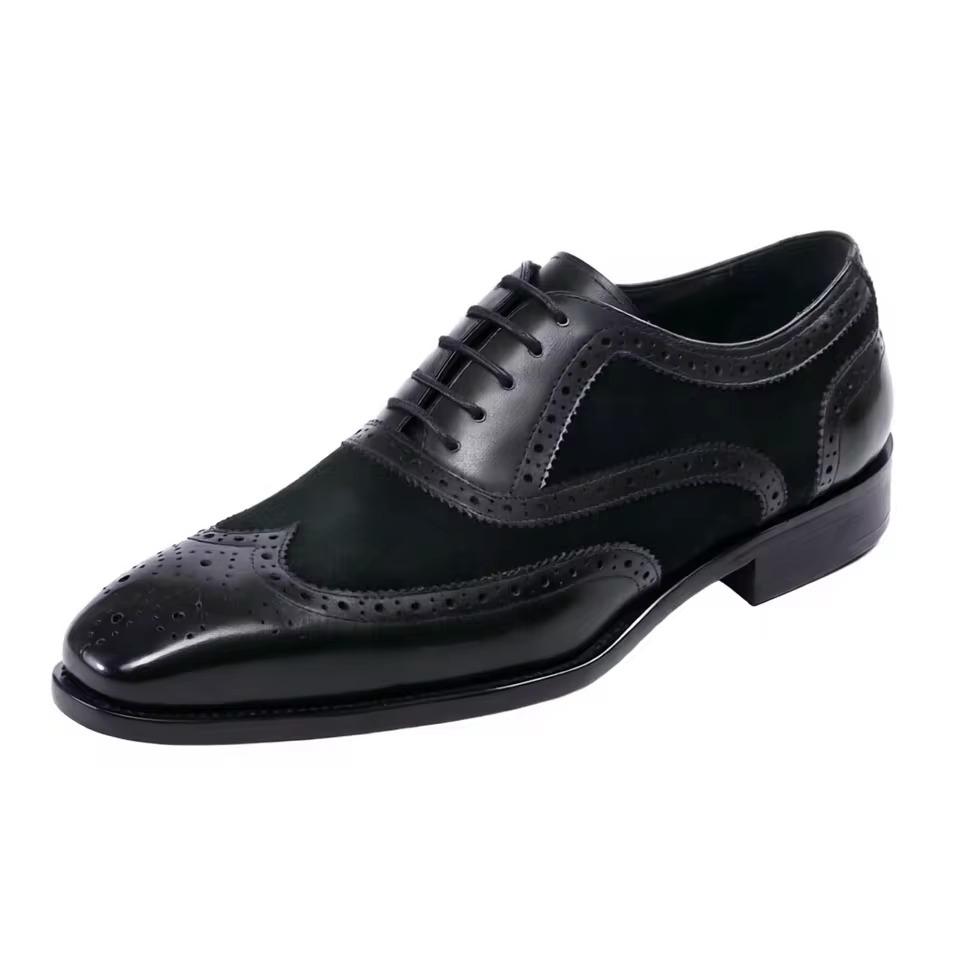 High-quality men's genuine leather dress shoes, classic brogue style, lace-up, suitable for formal suits, business, weddings, parties, and office