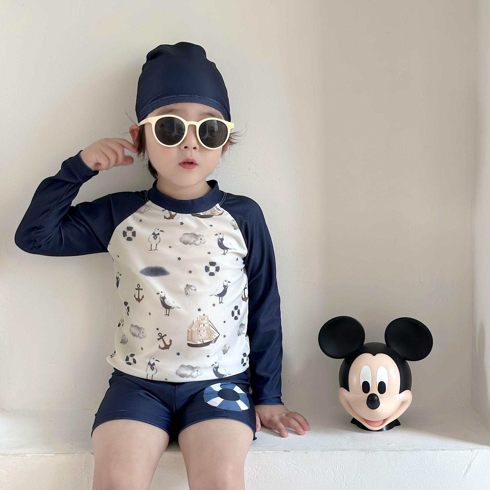 New Children's Swimsuit for Boys, Two-Piece Summer Hot Spring Baby Long-Sleeved Beachwear, Sun Protection Swimsuit Set