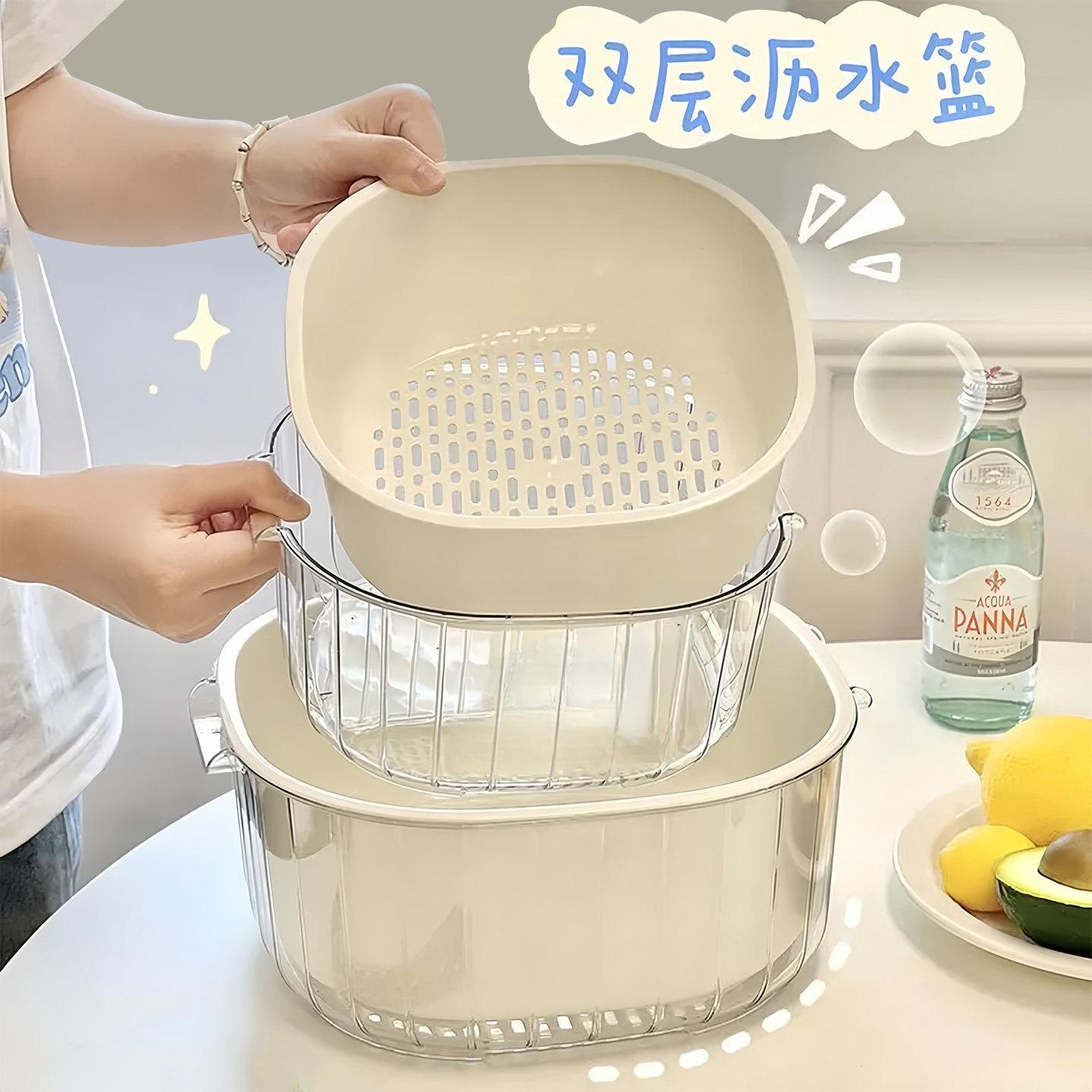 New Model Double-Layer Thickened Vegetable Washing Basin with Draining Basket for Kitchen, Living Room, and Home Use, Suitable for Washing Vegetables and Fruits, Also as a Fruit Tray