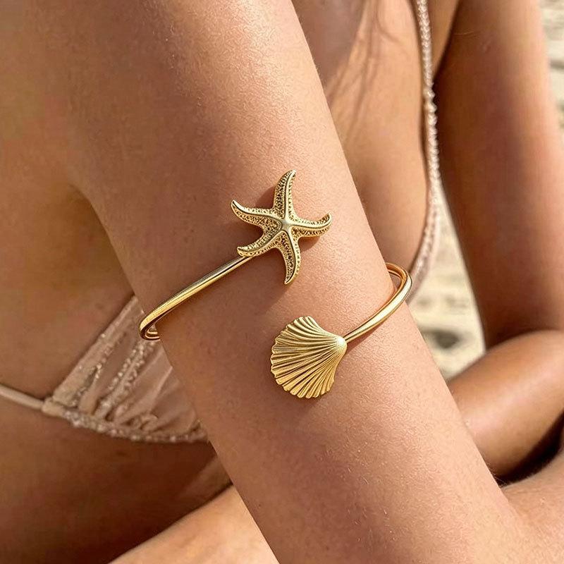European and American cross-border wholesale ocean series metal open bangle jewelry, unique niche light luxury starfish and shell women's bracelet