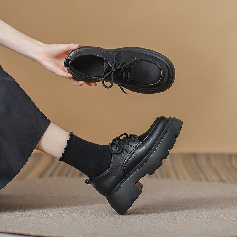 Genuine Leather Loafers for Women 2026 New Style Thick Heel British Style Lace-Up Thick-Soled Black Single Shoes Black Small Leather Shoes for Women
