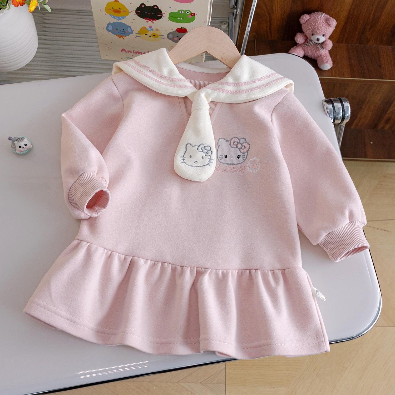 Girls' Cute Dress 26 Spring New Style Cartoon Embroidered Princess Dress Baby Girl Preppy Style Doll Collar Dress