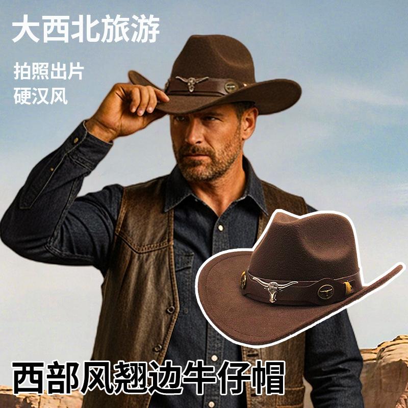 Cross-Border European and American Western-Style Cowboy Hat with Upturned Brim, Travel Ethnic Style Large-Brimmed Fisherman's Hat, Unisex Retro Woolen Hat
