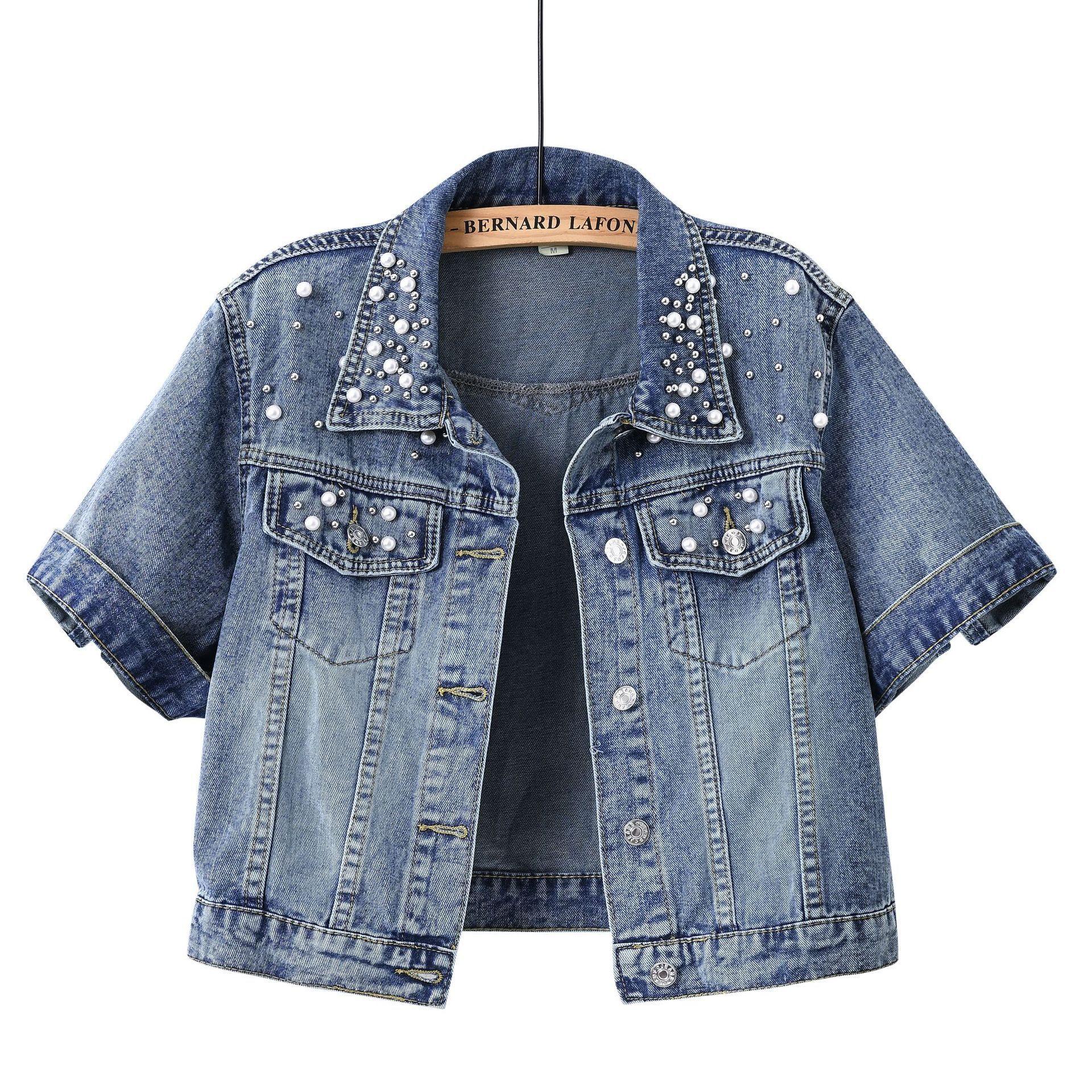 Cross-Border Fashion Heavy-Duty Beaded Short Denim Jacket for Women, Loose Short-Sleeve Casual Top Jacket