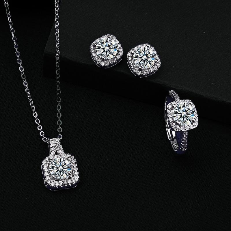 Cross-border Best Selling Square Bag Mosan Diamond Necklace Ring Women's 1 karat Earring Ring Clavicle Chain Shake Tone Live Supply