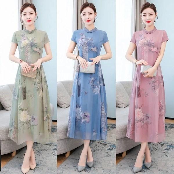 Improved Cheongsam Dress Women's Summer Slim Fit Skirt New Chinese Style Large Size Short-Sleeved Mid-Length Skirt