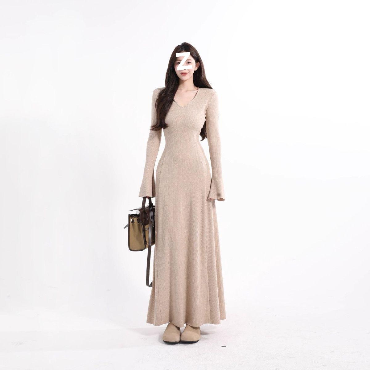 Petite High-End Black Knit Dress Spicy Girl Pure Desire Style Autumn and Winter Coat Inner Base Long Dress