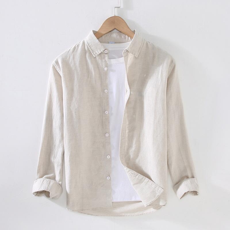 9027 Spring and Summer New Linen White Long-Sleeved Shirt Men's Cotton and Linen Shirt Men's Business Casual Linen Shirt Men