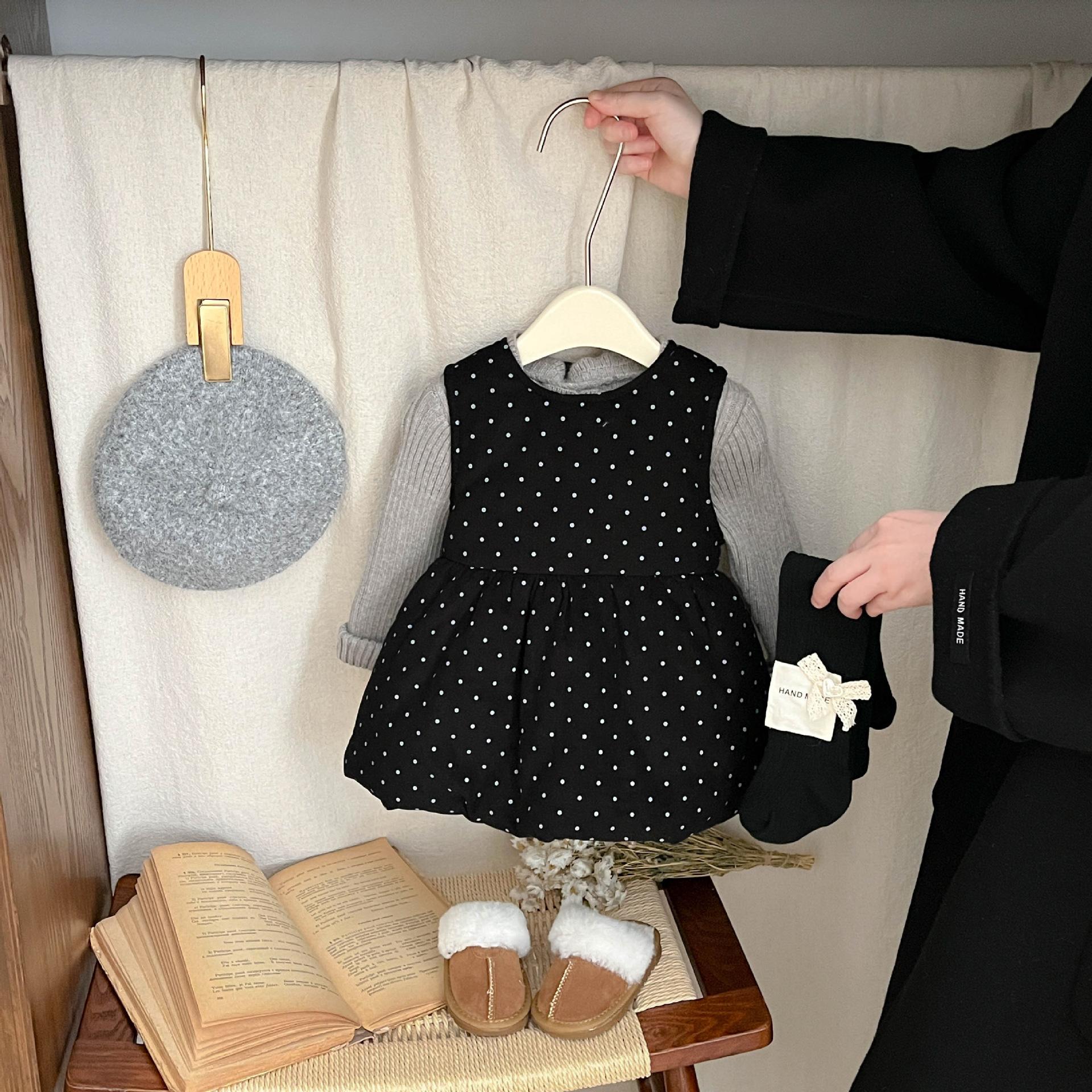 Girls' Quilted Dress Korean Style New Baby Fashionable Princess Dress Baby Fashionable Polka Dot Warm Outing Dress