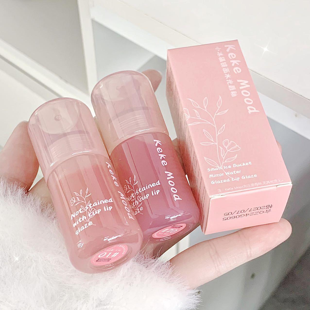 Kekemood Small Ice Bucket Mirror Water Gloss Lip Glaze, Long-Lasting Moisturizing Pouty Lips, Pure Desire Boiled Water, Showing Tender Women