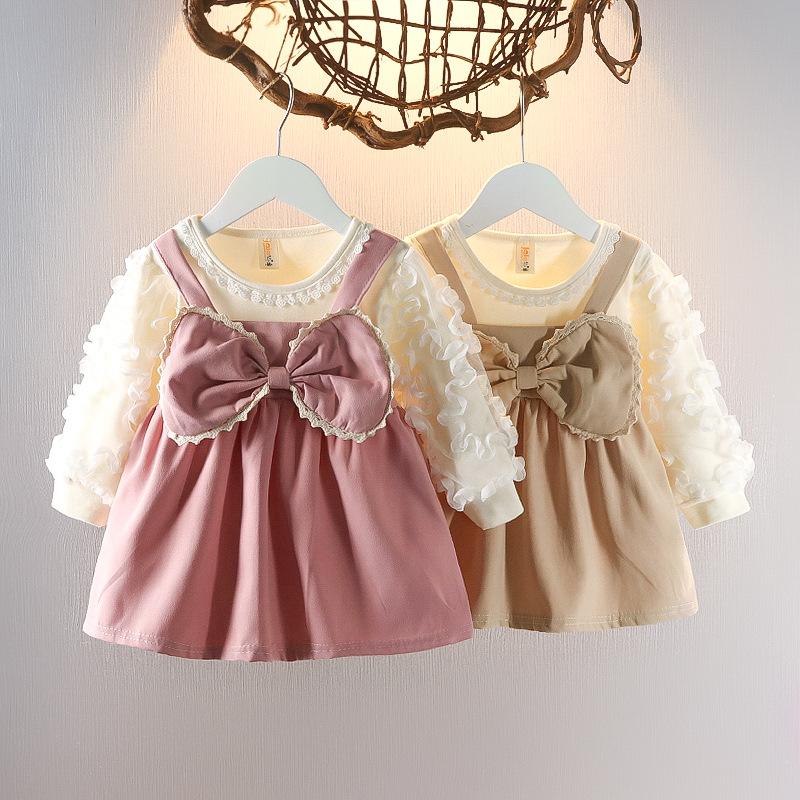 Children's Clothing Autumn Style Girls' Dress Fake Two-Piece Long-Sleeved Korean Style One-Year-Old Dress Baby Clothes Factory