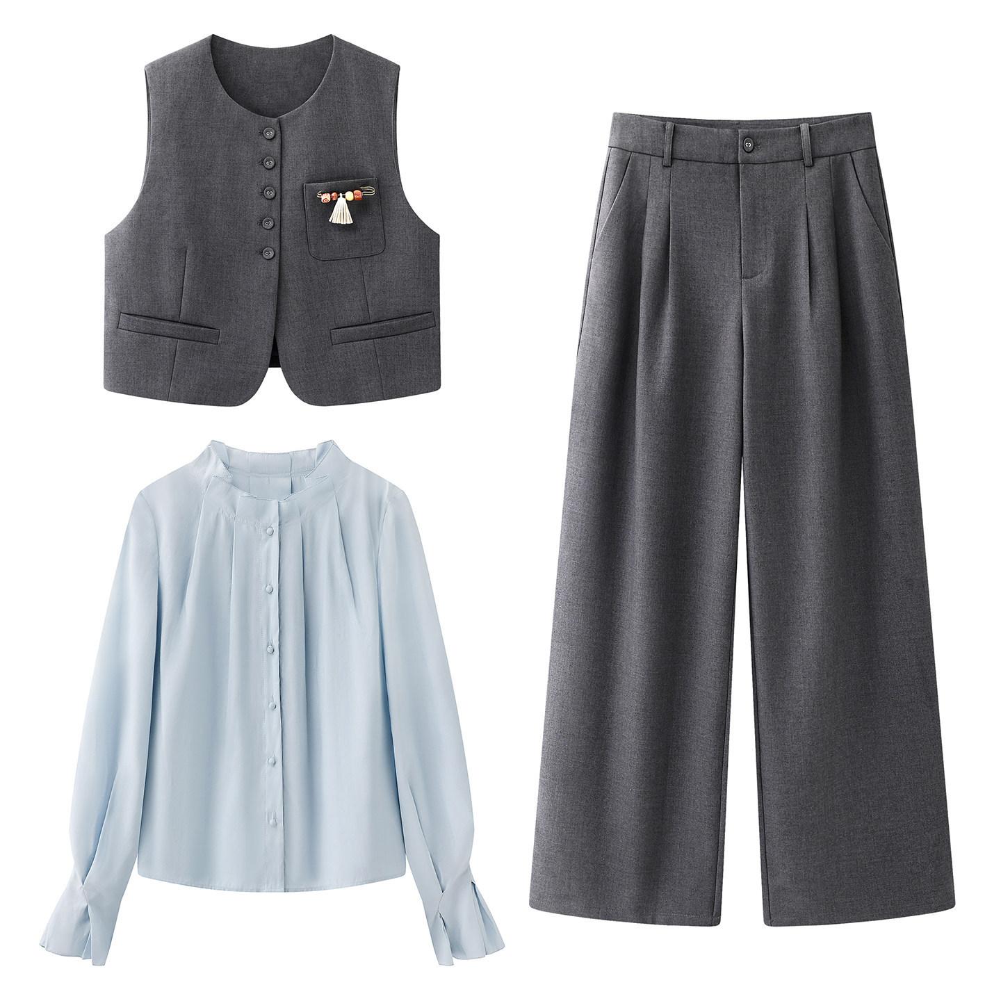 Commuting Gray Suit Set for Women 2026 Spring New Style Complete Set with a High-End Feel: Vest, Shirt, and Pants A96C074A