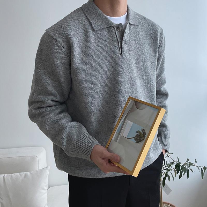 Autumn Polo Lapel Solid Color Sweater Men's All-match Casual Korean-style Loose Pullover Sweater Hong Kong-style Wear Sweater