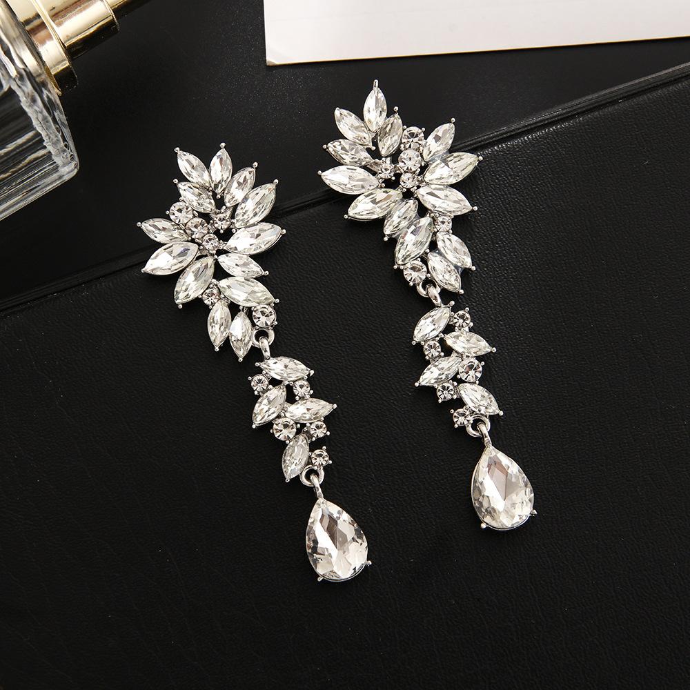 New European and American Fashion High-End Water Drop Earrings Three-Dimensional Diamond Crystal Alloy Bridal Earrings Wholesale