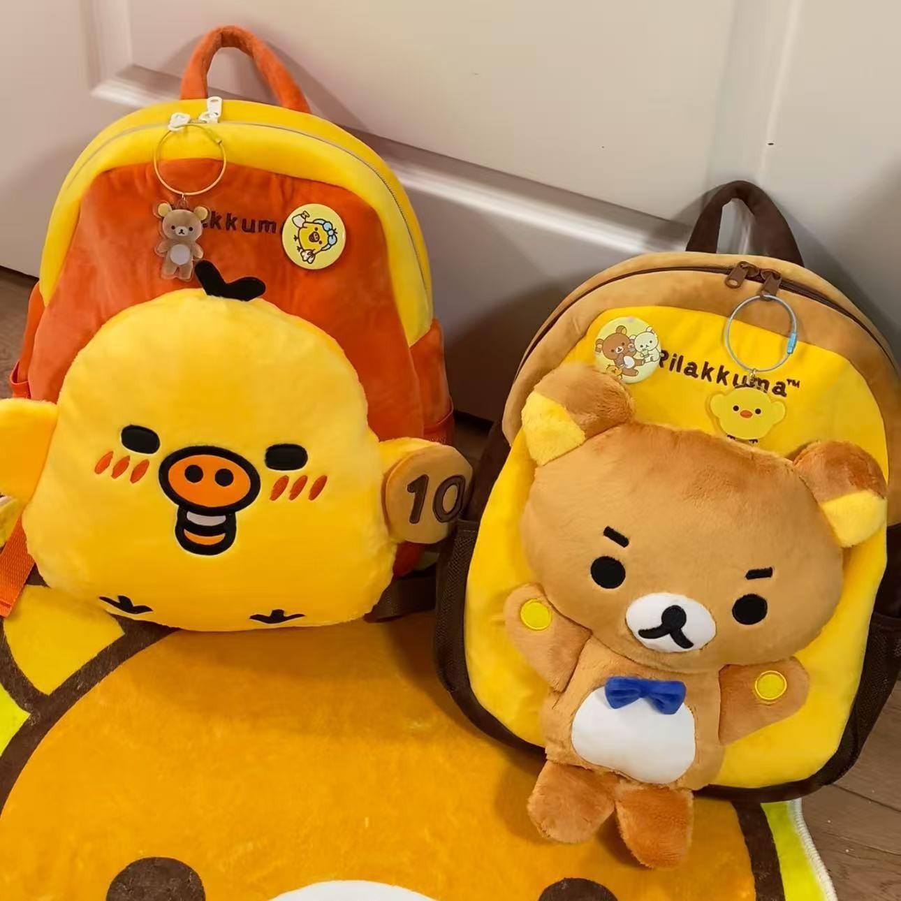 Cute Rilakkuma plush backpack, girly style, cute chicken plush double-shoulder bag, high-appearance cartoon large-capacity school bag