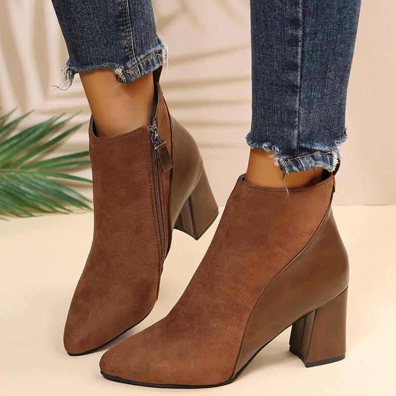 High-Heeled Boots for Women 2025 Autum New Thick Heel Suede Leather Stitching Side Zipper Boots Fashionable Pointed Toe