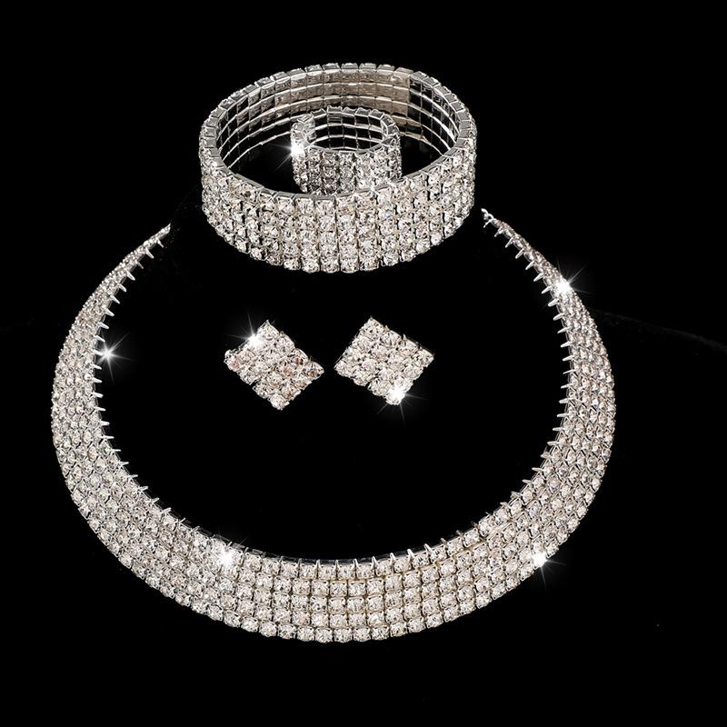 European and American Cross-border Diamond Necklace Earrings Ring Bracelet Four-piece Set Rhinestone Hollow Diamond Collar Bridal Set