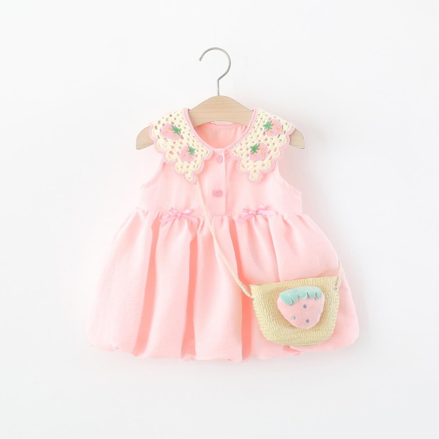 Children's Clothing Girls' Sleeveless Dress Summer Baby Girl Sweet Strawberry Crochet Collar Flower Bud Princess Dress