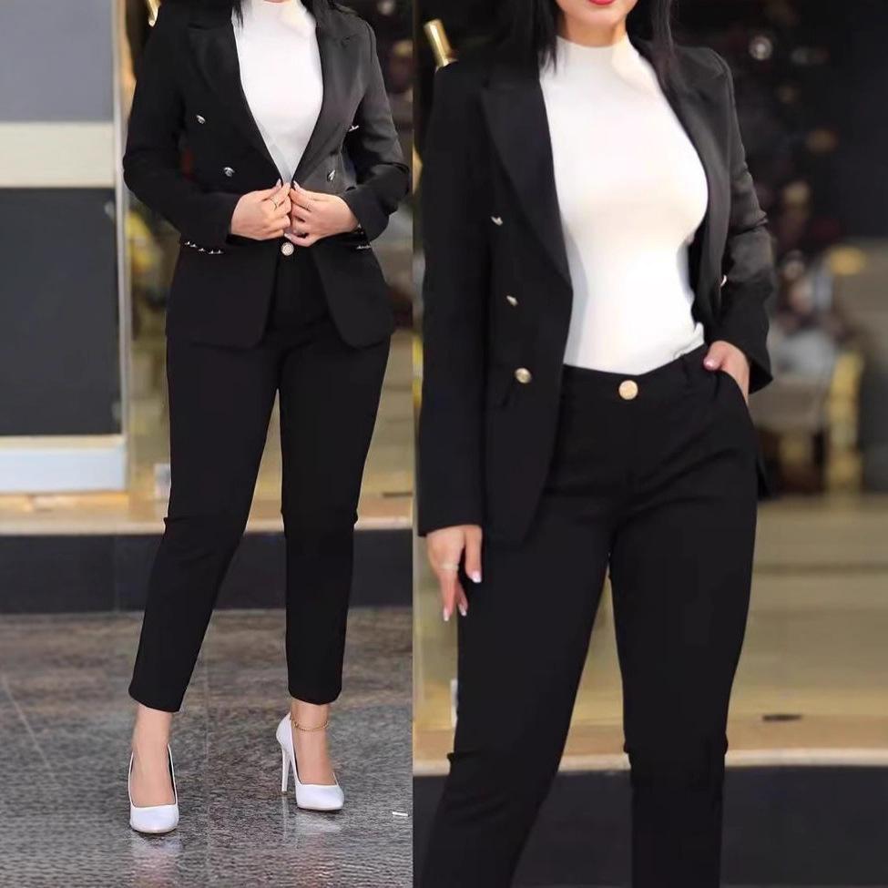 2026 Cross-Border Women's Fashion Solid Color Slim-Fit Casual Stylish Waist-Cinching Double-Breasted Two-Piece Suit Black European and American Style