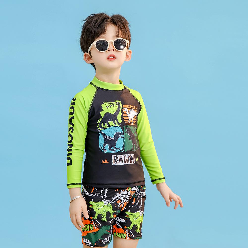 Children's Swimwear Boys Swimming Trunks Split Long Sleeve Sun-proof Quick-drying Dinosaur Medium and Large Children Boys Baby Warm Swimwear